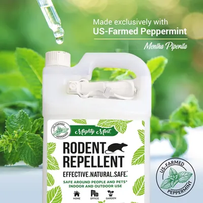 Highlights that the rodent repellent is made exclusively with US-farmed peppermint (Mentha Piperita), emphasizing the natural, safe, and locally-sourced quality of the product to reassure shoppers…