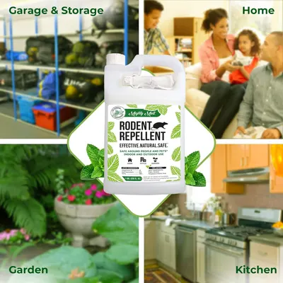 Demonstrates the versatility of the rodent repellent by showing it can be used in multiple environments—garage, home living areas, garden, and kitchen—to reassure shoppers of its wide-ranging…