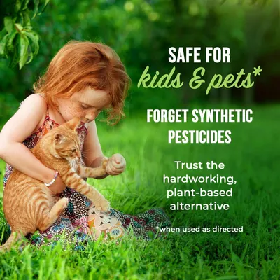 Reassures shoppers that the product is safe for children and pets by highlighting its plant-based, non-synthetic pesticide formula, addressing health and environmental concerns. Communicates the…