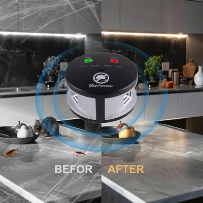 Demonstrates the transformation from a pest-infested kitchen (with mice and cockroaches) to a clean, pest-free environment after using the ultrasonic mice repeller device.