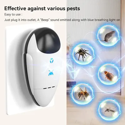 Demonstrates that the pest repeller is effective against multiple types of pests (rat, spider, cockroach, bee, mosquito), reassuring shoppers of its versatility and broad application. Shows shoppers…