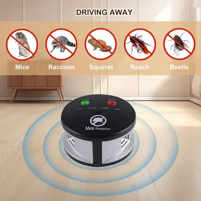 Demonstrates the product's versatility by showing it repels multiple types of pests (mice, raccoons, squirrels, roaches, and beetles), reassuring shoppers of its broad effectiveness.