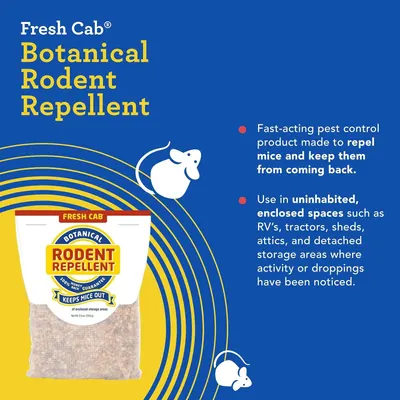 Communicates two distinct benefits of the rodent repellent: its effectiveness at repelling mice and preventing their return, and its specific application in enclosed storage areas like RVs, sheds,…