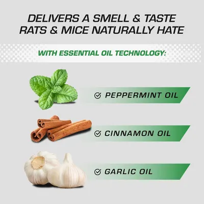 Highlights the product's use of three distinct essential oils (peppermint, cinnamon, and garlic) that deliver a smell and taste rats and mice naturally hate, reassuring shoppers of a natural pest…