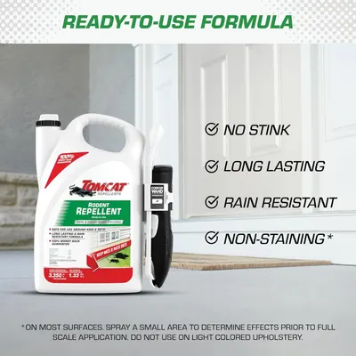 Communicates multiple key benefits of the rodent repellent formula to reassure shoppers about its effectiveness, durability, and safety for use in various conditions.