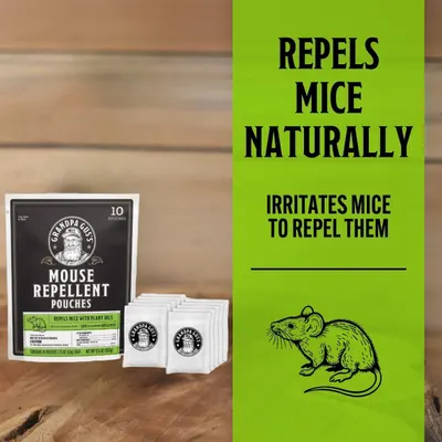 Communicates that the product repels mice naturally using plant oils, reassuring shoppers looking for a safe, non-toxic pest control solution.