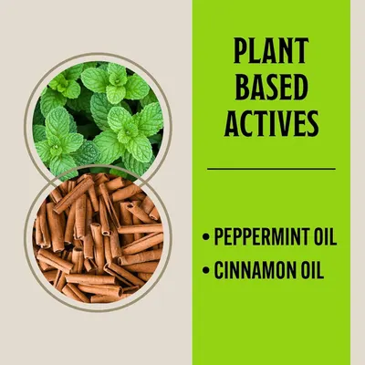 Communicates that the product contains natural plant-based active ingredients (peppermint oil and cinnamon oil) to reassure shoppers seeking natural or botanical formulations.