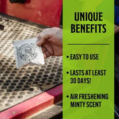 Communicates three distinct product benefits in a segmented bulleted list format to show shoppers the product is convenient, durable, and provides air freshening with a minty scent.