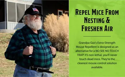 Uses a relatable character (Grandpa Gus) to build trust and communicate that the product is a humane, clean alternative to traditional mouse traps that repels mice without killing them.