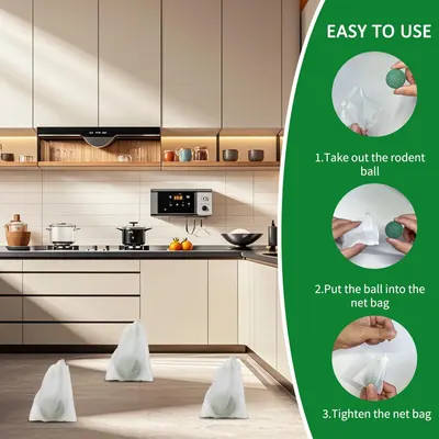 Demonstrates the simple 3-step process for setting up the rodent repellent balls, reassuring shoppers that the product is easy to use and requires minimal effort. Shows the product being used in a…