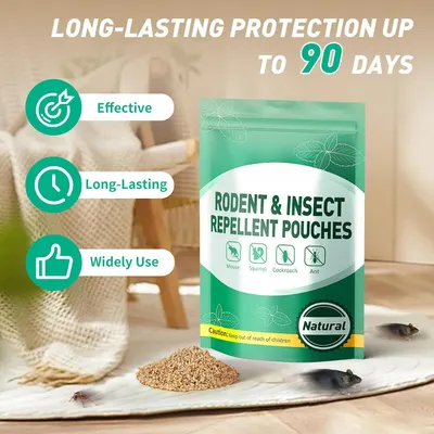 Communicates multiple key benefits of the rodent and insect repellent pouches in a visually segmented layout, emphasizing effectiveness, long-lasting protection, versatility, and natural ingredients…