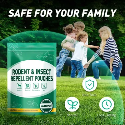 Communicates multiple key benefits of the rodent and insect repellent pouches in a segmented layout, emphasizing safety, natural ingredients, and effectiveness to reassure families.