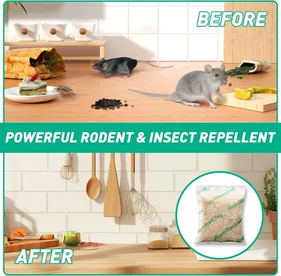 Demonstrates the product's effectiveness by showing a kitchen infested with rodents and insects before use, and a clean, pest-free kitchen after use, proving the repellent works.