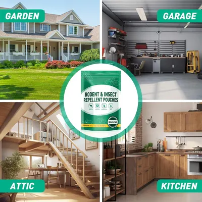 Demonstrates that the rodent and insect repellent pouches can be used in multiple locations throughout the home—garden, garage, attic, and kitchen—to reassure shoppers of the product's versatility…