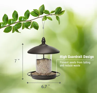 Shows the exact physical dimensions of the bird feeder (7 inches height, 6.7 inches width) to help shoppers understand the product's size before purchase. Highlights the high guardrail design…
