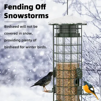 Communicates that the bird feeder's protective cage design keeps birdseed accessible and dry during winter snowstorms, reassuring customers that birds will have reliable food access in harsh…