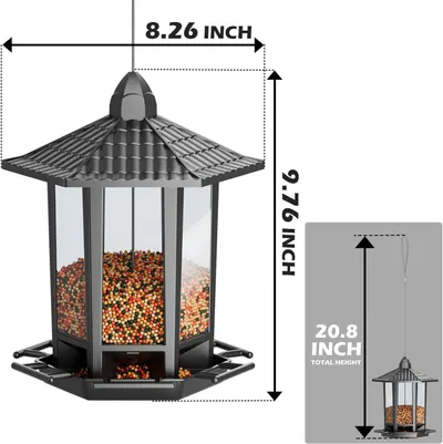 Communicates the exact physical dimensions of the bird feeder to help shoppers understand its size and ensure it fits their intended space.
