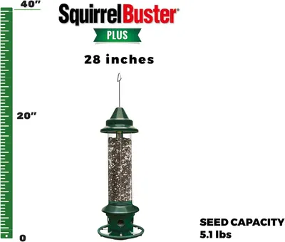 Communicates the physical height of the bird feeder (28 inches) using a visual ruler to help shoppers understand the product's size before purchase. Highlights the feeder's 5.1 lbs seed capacity to…