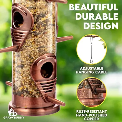 Communicates three distinct product benefits in a segmented layout: aesthetic appeal and durability, easy installation with adjustable hanging, and premium rust-resistant copper construction.