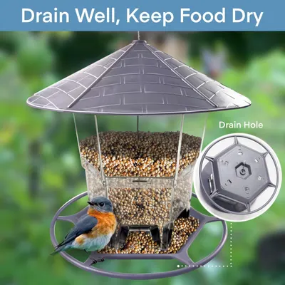 Highlights the drain hole feature in the bird feeder's roof to show how the product keeps food dry by allowing water to drain away, reassuring customers about the product's functional design.…
