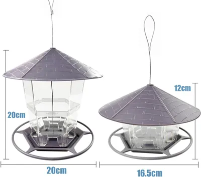 Communicates the exact physical dimensions of the bird feeder (height, width, diameter) to help shoppers understand the product's size and ensure it fits their intended space.