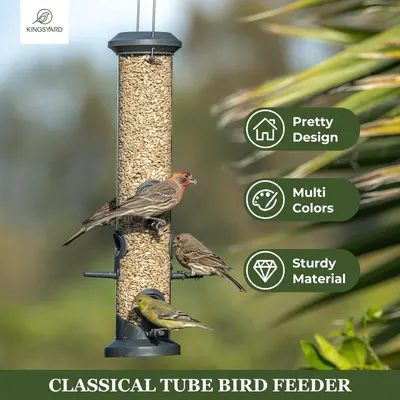 Highlights three distinct selling benefits of the bird feeder: attractive design for home aesthetics, multiple color options for personalization, and durable construction for longevity.