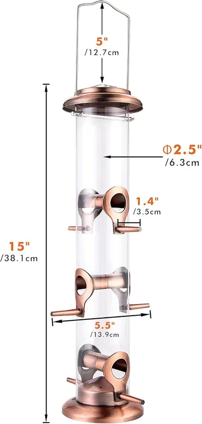Provides exact measurements of the bird feeder's height, diameter, and component dimensions to help shoppers understand the physical size and ensure it fits their space.