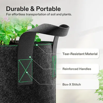 Breaks down the physical construction features of the planter bag to demonstrate its durable design and quality craftsmanship, reassuring shoppers of its longevity and reliability. Communicates the…
