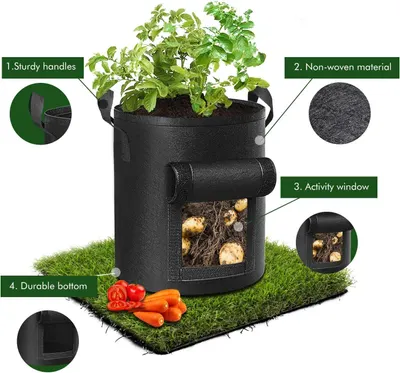 This image breaks down the physical components of the grow bag to help shoppers understand its construction quality and functional design features. Communicates multiple distinct benefits of the…