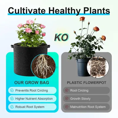 Demonstrates the superiority of the brand's grow bag over traditional plastic flowerpots by showing side-by-side how the grow bag prevents root circling, increases nutrient absorption, and promotes…