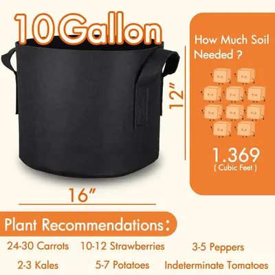 Communicates the product's capacity and physical dimensions to help shoppers understand how much soil the planter bag can hold and its size specifications. Provides practical planting…