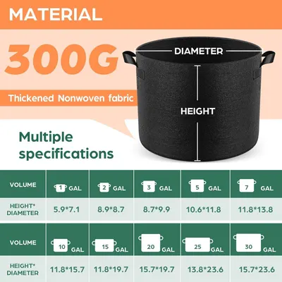 Provides detailed dimensional specifications across multiple volume options (1-30 gallons) to help shoppers choose the right size fabric planter for their needs.
