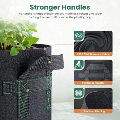 This image breaks down the physical construction of the planting bag's handles, highlighting the high-density material, thickness, reinforcement, and stitching quality to reassure shoppers of…