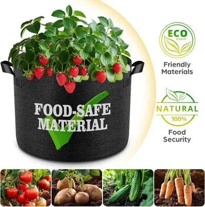 Communicates that the grow bag is made from environmentally responsible and food-safe materials, reassuring shoppers about safety and sustainability. Demonstrates the product's versatility by…