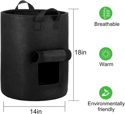 Communicates the exact physical size of the planter bag to help shoppers understand if it will fit their space and needs. Highlights three distinct product benefits through icon-based callouts to…