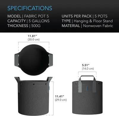 Communicates the exact physical dimensions of the fabric pots (diameter and height in inches and centimeters) to help shoppers understand the size and ensure it fits their space and needs. Provides…