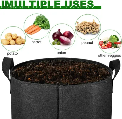 Demonstrates the product's versatility by showing it can be used to grow multiple types of vegetables including potatoes, carrots, onions, peanuts, and other veggies, reassuring shoppers of its…