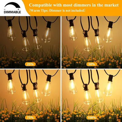 Demonstrates the product's compatibility with most dimmers by showing four different brightness settings (25%, 50%, 75%, 100%), reassuring shoppers that they can adjust the lighting to their…