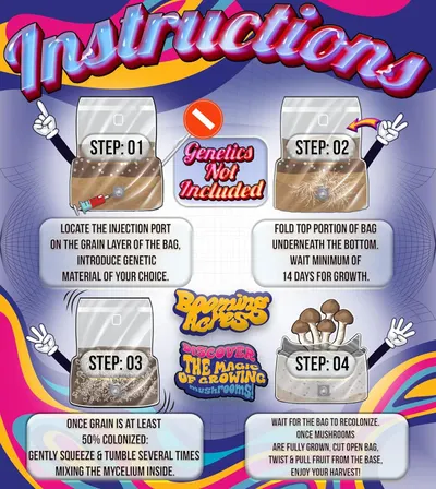 This image provides clear, sequential instructions on how to grow mushrooms using the product, walking the shopper through a 4-step process from injection to harvest.