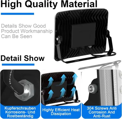 Communicates multiple product benefits in a segmented layout, highlighting the floodlight's quality construction, heat management system, and corrosion-resistant hardware to reassure buyers of…