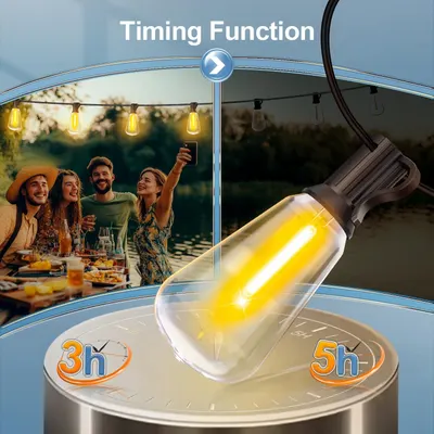 Communicates that the outdoor string lights have a programmable timing function that allows users to set automatic on/off schedules (3h or 5h options), providing convenience for outdoor gatherings…