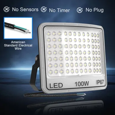 Communicates multiple key features and benefits of the LED floodlight, including ease of use (no sensors, timer, or plug), standard wiring compatibility, power output, and weatherproof rating to…
