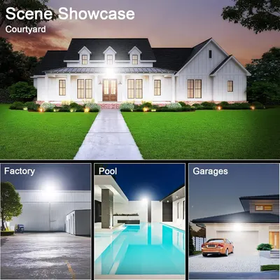 Demonstrates the product's versatility across multiple real-world environments and applications (courtyard, factory, pool, garages) to show shoppers where and how the product can be effectively used.