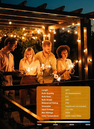 Communicates the detailed technical specifications of the string lights in a structured table format, helping shoppers understand the product's capabilities and features across multiple dimensions.