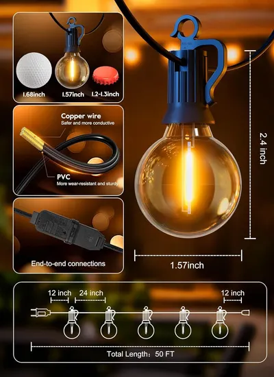 This image breaks down the physical components and specifications of the string light product, highlighting the copper wire for conductivity, PVC coating for durability, connection type, bulb…