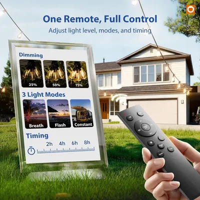 Demonstrates the comprehensive remote control functionality of the outdoor string lights, showing shoppers they can customize brightness levels, select different lighting modes for various…