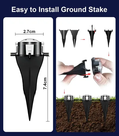 Demonstrates the step-by-step installation process for the ground stake, showing shoppers how simple it is to assemble and install the product into the ground. Provides exact measurements of the…