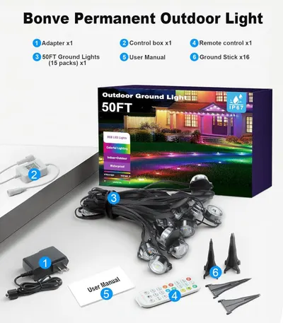 Shows all components included in the package (adapter, control box, lights, remote, manual, and ground stakes) to help shoppers understand the complete value and what they will receive upon purchase.