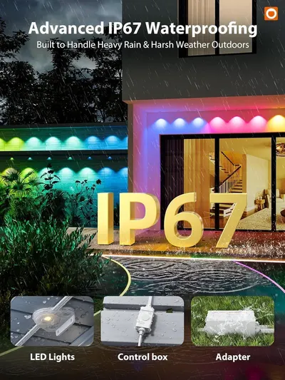 Reassures shoppers that the LED lights are IP67-certified waterproof and built to withstand heavy rain and harsh outdoor weather conditions. Highlights the product's waterproof capability as the…