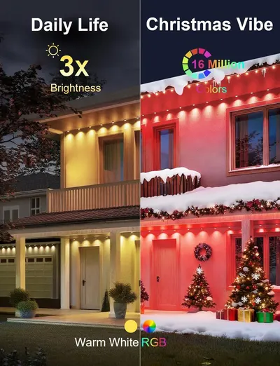 Demonstrates the product's versatility for both everyday use and holiday decoration, showing warm white lighting for daily life and RGB color options for Christmas, encouraging purchase as a…